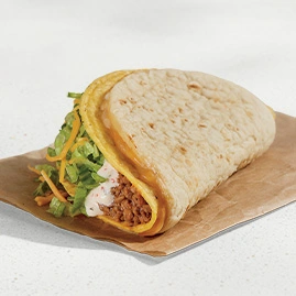 A Cheesy Gordita Crunch with seasoned beef, lettuce, and cheese inside a crunchy taco shell wrapped in a cheesy gordita.