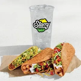 A 2 Chicken Chalupas Supreme Combo featuring two chicken chalupas, nacho chips, and a drink.