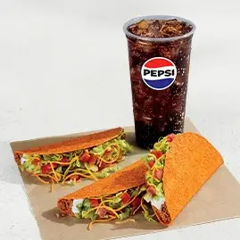 A 3 Doritos® Locos Tacos Supreme Combo featuring three Supreme tacos with Doritos® shells, nacho chips, and a drink.