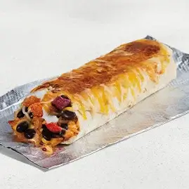 A Black Bean Grilled Cheese Burrito featuring seasoned black beans, nacho cheese, rice, and melted cheeses, all wrapped in a grilled tortilla.