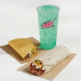 A Burrito Supreme® Combo featuring a Supreme burrito, nacho chips, and a drink.