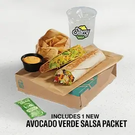 A Cantina Chicken Burrito Meal, featuring a chicken burrito, nacho chips, and a drink.