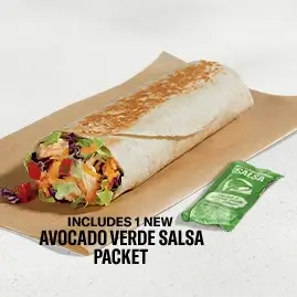 A Cantina Chicken Burrito filled with seasoned chicken, rice, beans, and fresh vegetables wrapped in a soft tortilla.