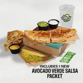 A Cantina Chicken Quesadilla Meal, featuring a chicken quesadilla, nacho chips, and a drink.