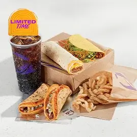 The Cheesy Street Chalupas Box includes two chalupas, a crunchy taco, nacho fries, and a medium fountain drink.
