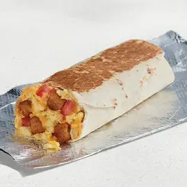 A Cheesy Toasted Breakfast Burrito with potatoes, eggs, and cheese wrapped in a toasted tortilla.