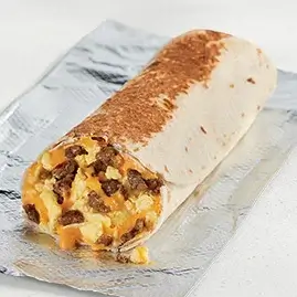 A Cheesy Toasted Breakfast Burrito with sausage, eggs, and cheese wrapped in a toasted tortilla.