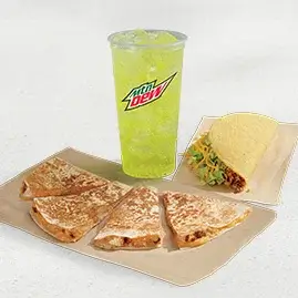 A Chicken Quesadilla Combo featuring a grilled chicken quesadilla filled with melted cheese and a flavorful sauce, served with a crunchy taco and a medium fountain drink.