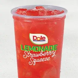 A cold cup of Dole® Lemonade Strawberry Squeeze, offering a refreshing blend of tangy lemonade and sweet strawberry flavors.