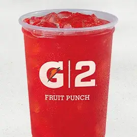 A cold bottle of G2 Gatorade® Fruit Punch, delivering the classic fruit punch flavor with fewer calories in a refreshing, hydrating drink.