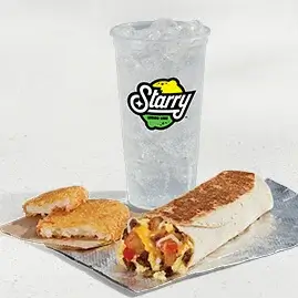 A Grande Toasted Breakfast Burrito Combo with a burrito, hash browns, and a drink.