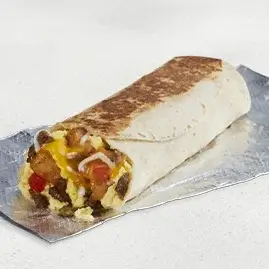 A Grande Toasted Breakfast Burrito filled with sausage, eggs, cheese, and potatoes in a toasted tortilla.