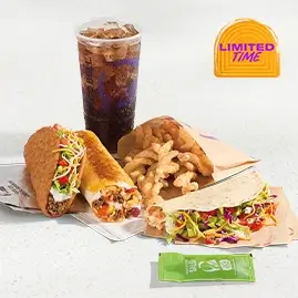 A Grilled Cheese Burrito from Taco Bell served with nacho chips and a drink, all neatly arranged in a promotional bundle.