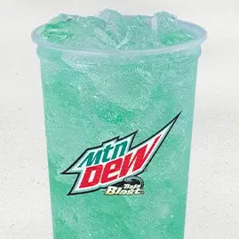 A cold cup of MTN DEW® Baja Blast®, showcasing the bold and tropical flavors of lime and other fruits in a refreshing, vibrant soda.