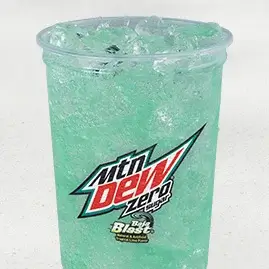 A cold cup of MTN DEW® Baja Blast™ Zero Sugar, offering the tropical flavors of Baja Blast® in a refreshing, sugar-free soda.