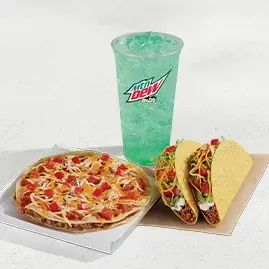 A Mexican Pizza Combo with a Mexican Pizza, a crunchy taco, and a medium fountain drink.