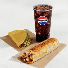 A Steak Grilled Cheese Burrito Combo with a steak burrito, nacho fries, and a medium fountain drink.