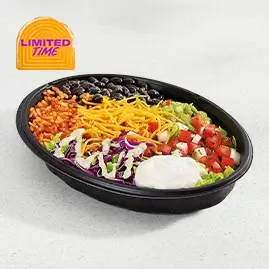 A Veggie Bowl filled with rice, black beans, guacamole, lettuce, and salsa.
