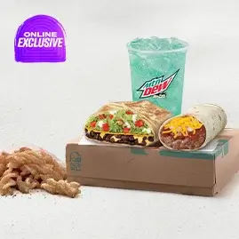 A Veggie Build Your Own Cravings Box featuring a selection of vegetarian items, including tacos, nacho chips, and a drink.