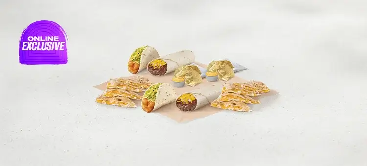A Veggie Meal for 2 featuring vegetarian tacos, burritos, nacho chips, and drinks.